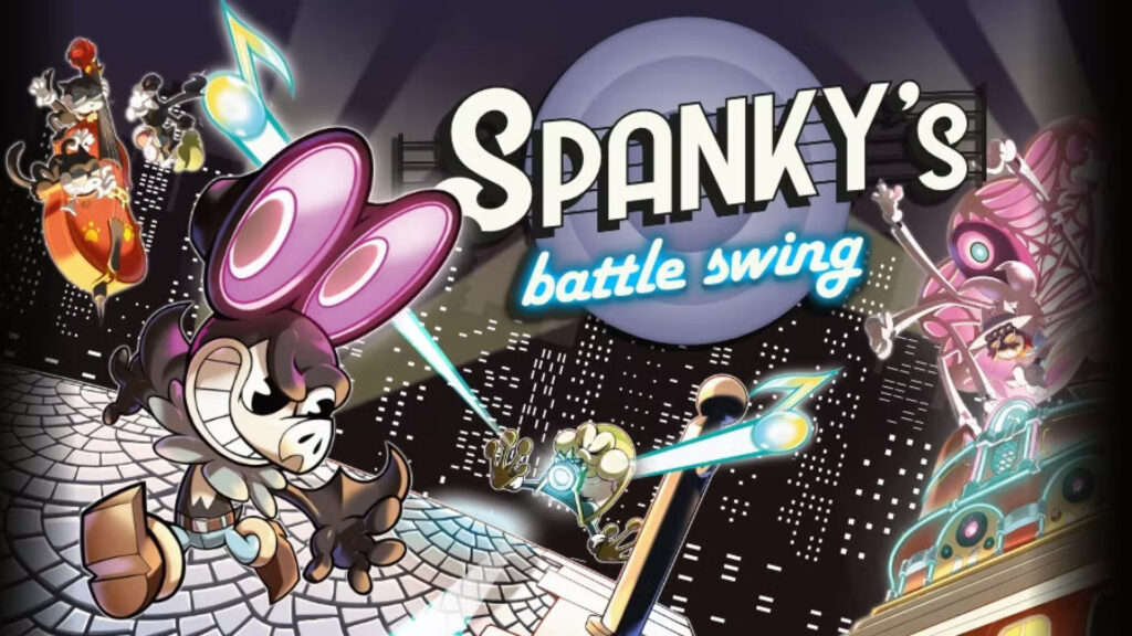 Locandina del videogioco Spanky's Battle Swing in stile cartoon retrò con personaggi musicali e città notturna.