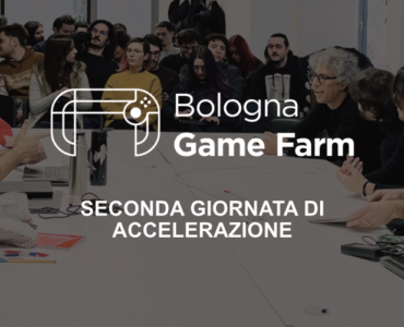 Locandina della seconda giornata di accelerazione di Bologna Game Farm con partecipanti riuniti attorno a un tavolo.