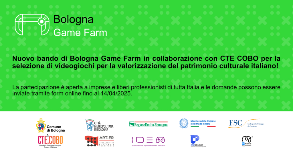 Locandina del nuovo bando Bologna Game Farm e CTE COBO per videogiochi sul patrimonio culturale. Scadenza 14/04/2025.