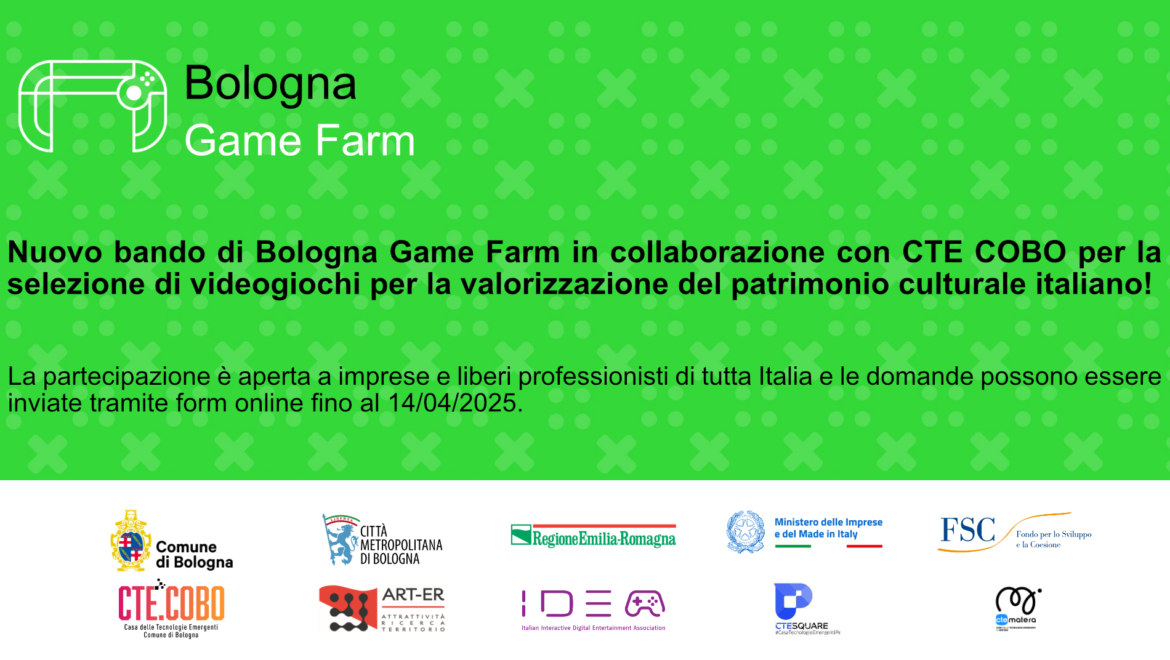 Locandina del nuovo bando Bologna Game Farm e CTE COBO per videogiochi sul patrimonio culturale. Scadenza 14/04/2025.