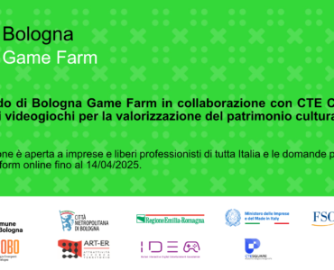 Locandina del nuovo bando Bologna Game Farm e CTE COBO per videogiochi sul patrimonio culturale. Scadenza 14/04/2025.