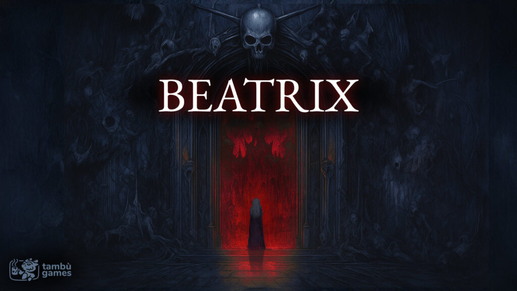 Locandina del gioco Beatrix: figura incappucciata davanti a una porta rossa gotica con teschio, Tambù Games.
