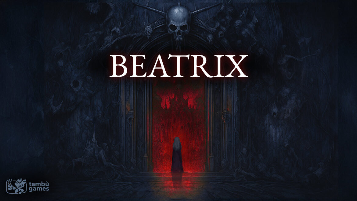 Locandina del gioco Beatrix: figura incappucciata davanti a una porta rossa gotica con teschio, Tambù Games.