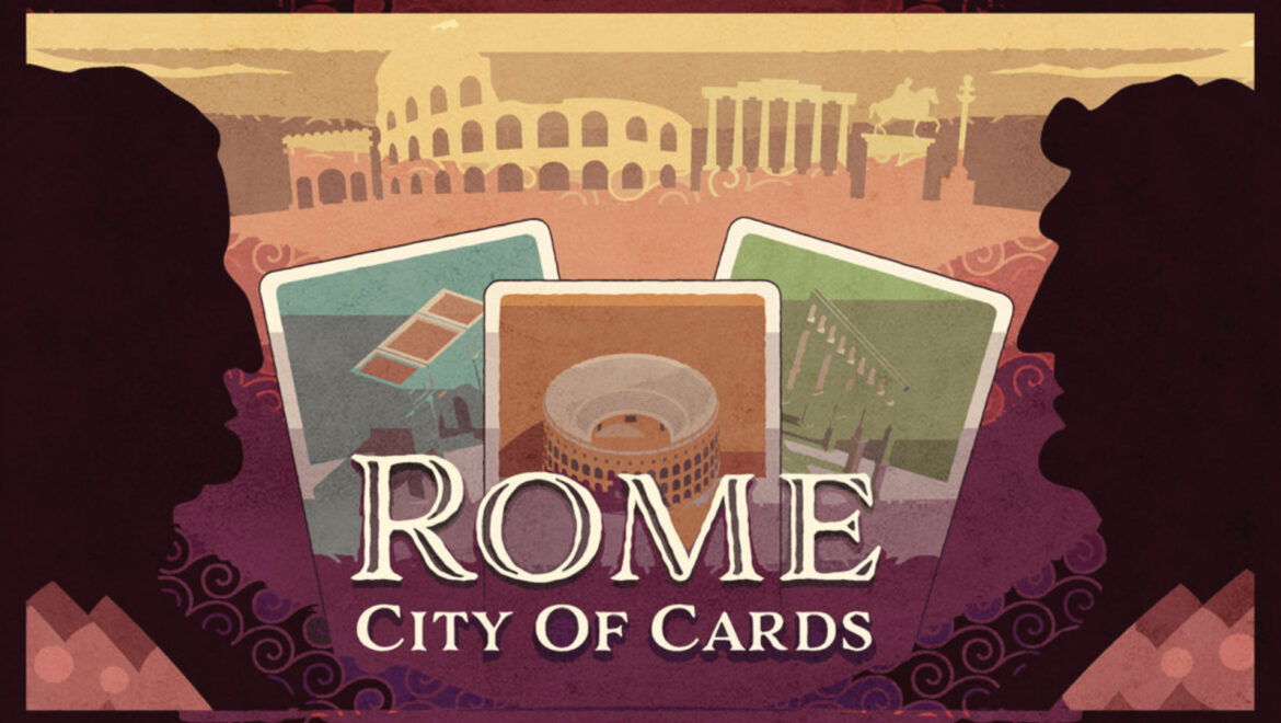 Locandina di Rome City of Cards con illustrazioni di monumenti romani e carte da gioco.