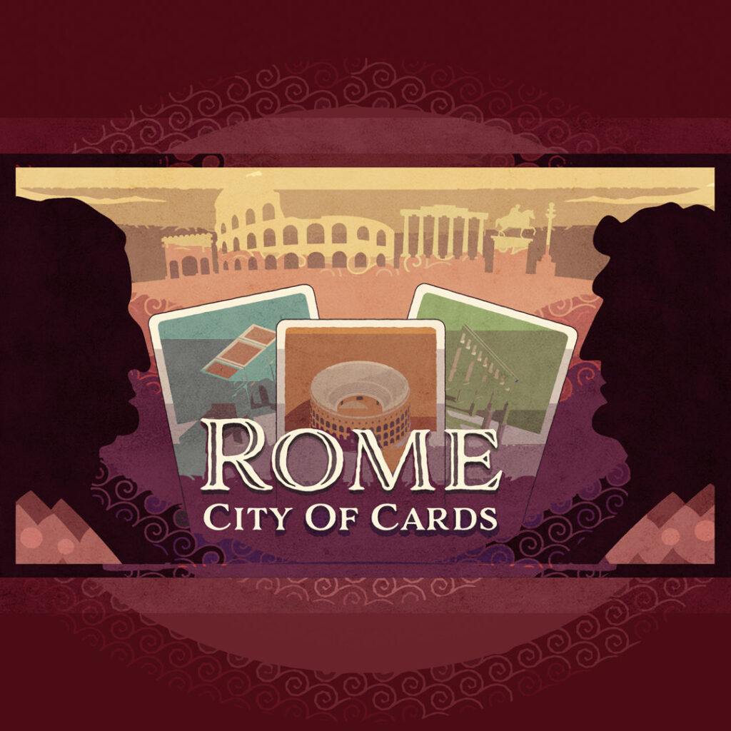 Locandina del gioco Rome City of Cards con illustrazioni di monumenti romani e carte da gioco.