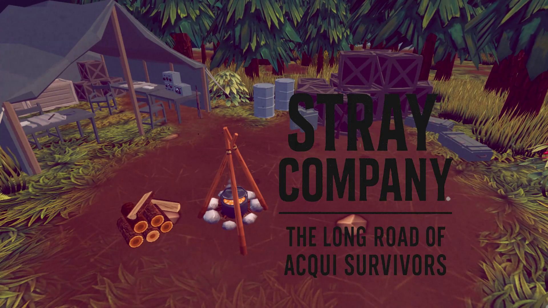 Locandina del videogioco Stray Company - The Long Road of Acqui Survivors con accampamento nel bosco.