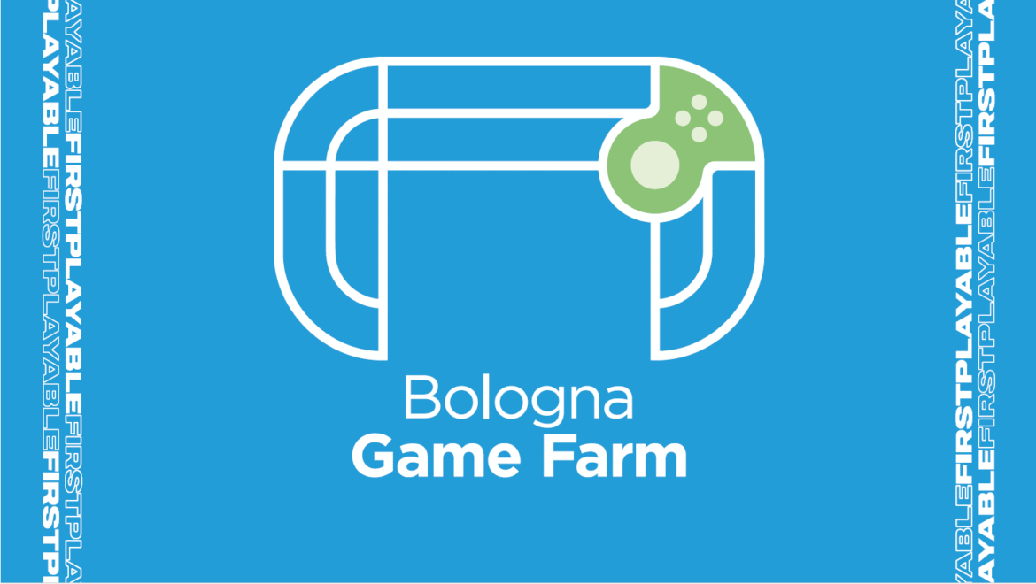 Logo ufficiale di Bologna Game Farm con controller stilizzato su sfondo azzurro e scritta Playable First.