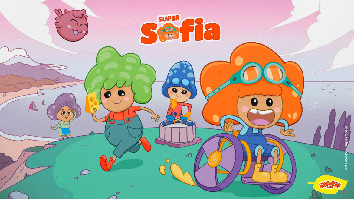 Locandina della serie animata Super Sofia con la protagonista in sedia a rotelle e i suoi amici in un paesaggio costiero.