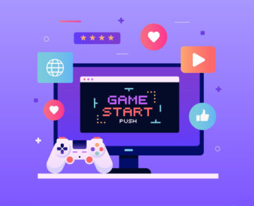Header illustrato con monitor PC, gamepad e scritta Game Start circondato da icone social e gaming su sfondo viola.