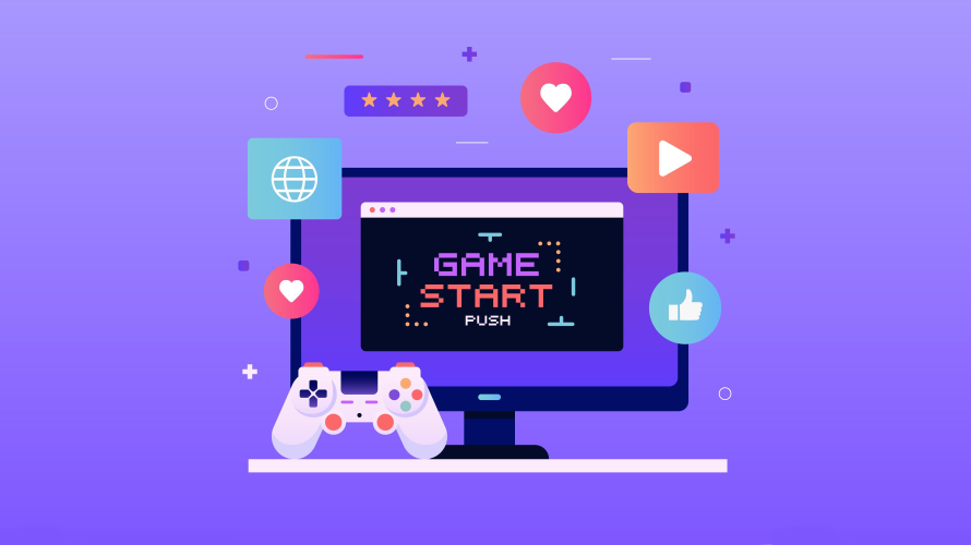 Header illustrato con monitor PC, gamepad e scritta Game Start circondato da icone social e gaming su sfondo viola.