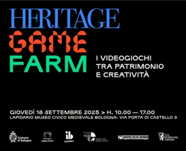 Locandina Heritage Game Farm: videogiochi tra patrimonio e creatività, 18 settembre 2025 al Museo Civico Medievale di Bologna.