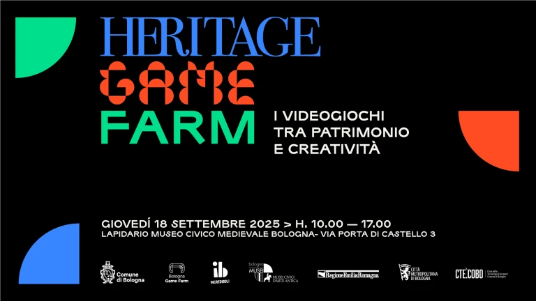 Locandina Heritage Game Farm: videogiochi tra patrimonio e creatività, 18 settembre 2025 al Museo Civico Medievale di Bologna.
