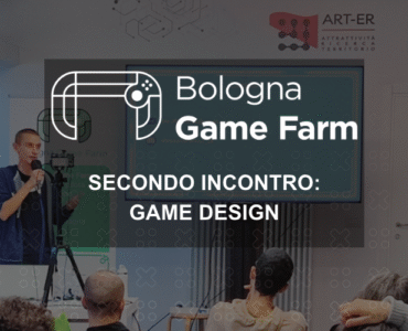 Locandina del secondo incontro di Bologna Game Farm dedicato al Game Design con un relatore e pubblico in sala.
