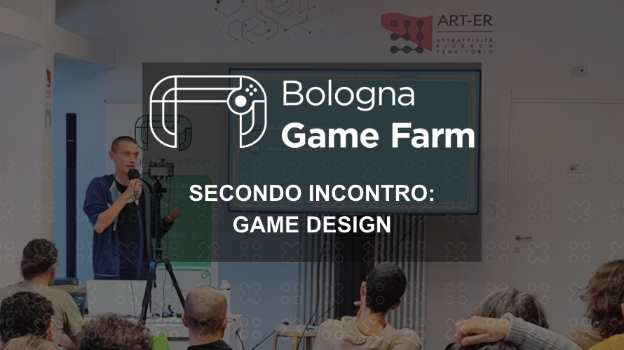 Locandina del secondo incontro di Bologna Game Farm dedicato al Game Design con un relatore e pubblico in sala.