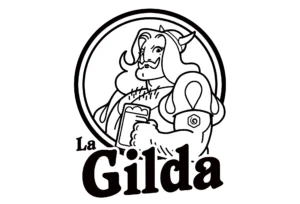 Logo del birrificio La Gilda con illustrazioni in bianco e nero di un personaggio vichingo che tiene una birra.