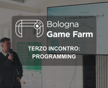 Locandina del terzo incontro di Bologna Game Farm dedicato al programming con relatore davanti a uno schermo.