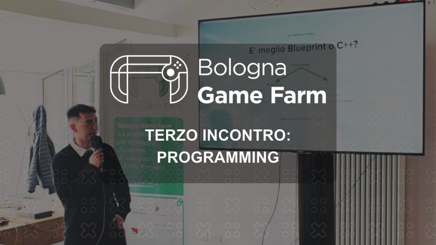 Locandina del terzo incontro di Bologna Game Farm dedicato al programming con relatore davanti a uno schermo.