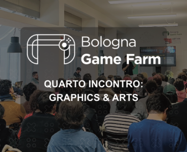 Locandina del quarto incontro di Bologna Game Farm dedicato a Graphics & Arts con pubblico in sala.