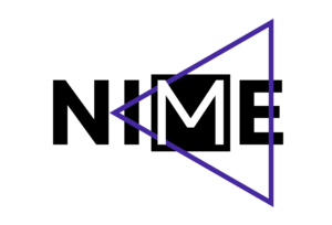 Logo ufficiale del festival NIME con la scritta bianca e nera e un triangolo viola su sfondo nero.