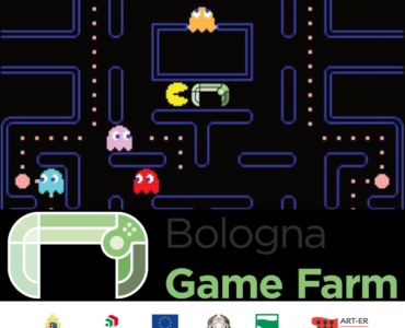 Logo di Bologna Game Farm con grafica ispirata a Pac-Man e loghi istituzionali in basso.