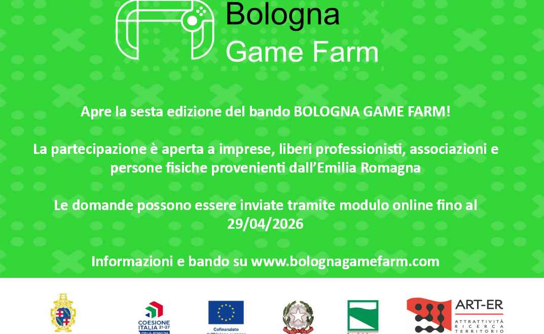 Locandina sesta edizione bando Bologna Game Farm per imprese e professionisti dell'Emilia-Romagna.