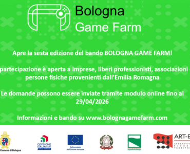 Locandina sesta edizione bando Bologna Game Farm per imprese e professionisti dell'Emilia-Romagna.