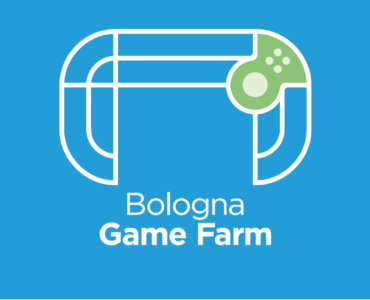 Logo ufficiale di Bologna Game Farm su sfondo blu con icona di un controller di gioco stilizzato.