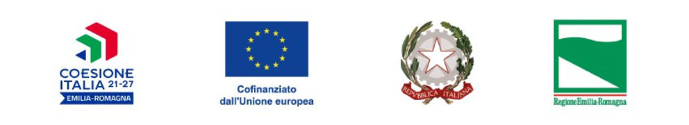 Loghi istituzionali: Coesione Italia 21-27 Emilia-Romagna, Unione Europea, Repubblica Italiana e Regione Emilia-Romagna.