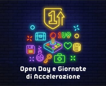 Insegna al neon colorata con icone gaming e la scritta Open Day e Giornate di Accelerazione.