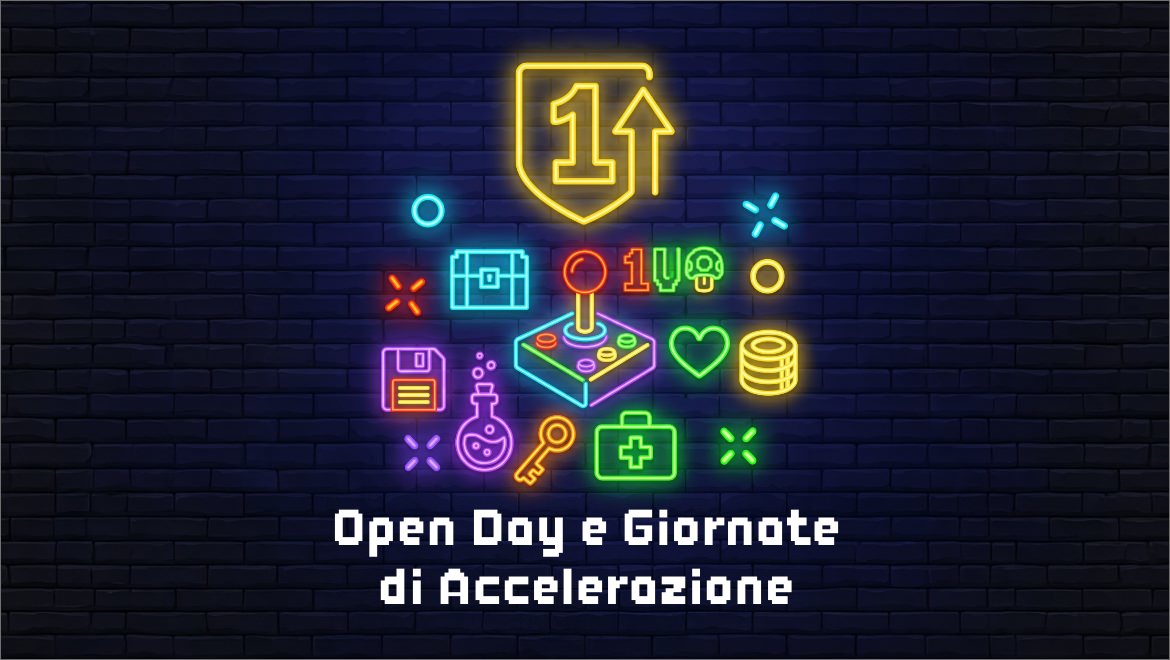 Insegna al neon colorata con icone gaming e la scritta Open Day e Giornate di Accelerazione.