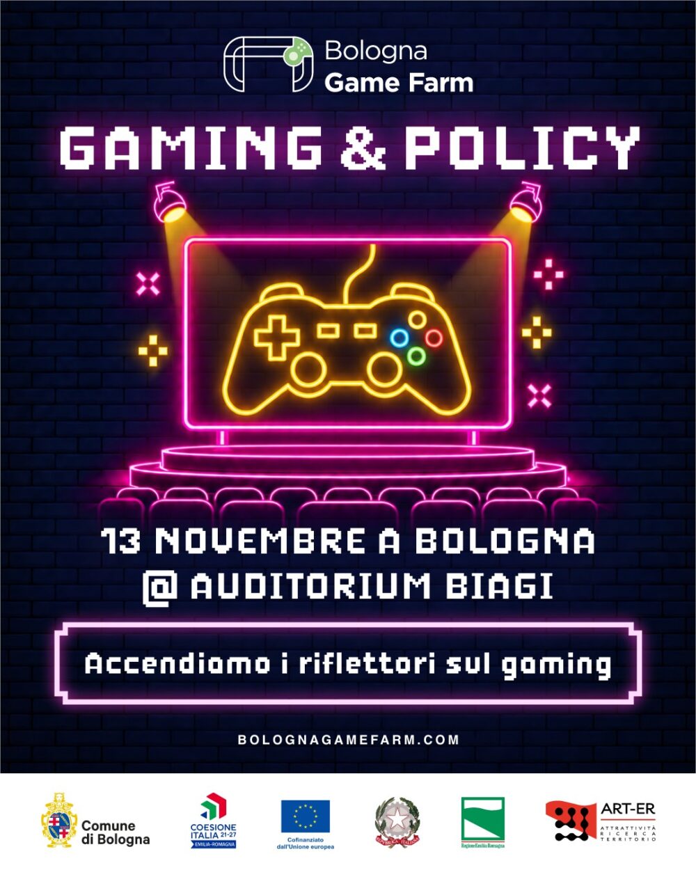 Locandina dell'evento Gaming & Policy di Bologna Game Farm, 13 novembre all'Auditorium Biagi.