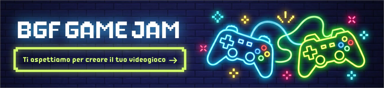 Header dell'evento BGF Game Jam con scritta pixel art e controller al neon su sfondo di mattoni scuri.