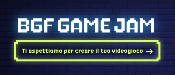 Header dell'evento BGF Game Jam con la scritta in pixel art Ti aspettiamo per creare il tuo videogioco