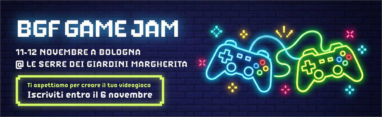 Header evento BGF Game Jam: 11-12 novembre a Bologna presso Le Serre dei Giardini Margherita.
