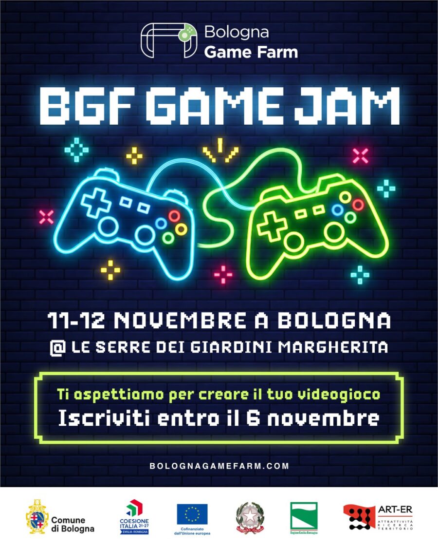 Locandina BGF Game Jam: 11-12 novembre a Bologna, Serre dei Giardini Margherita.