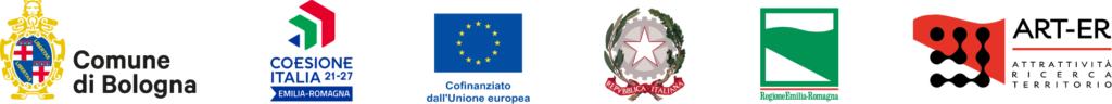 Loghi istituzionali: Comune di Bologna, Coesione Italia 21-27 Emilia-Romagna, Unione Europea e Regione Emilia-Romagna.